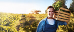 Agriculture, portrait and mockup with a farm man carrying a basket during the harvest season for sustainability. Agricultural, nature and mock up with a male farmer working outdoor in the countryside