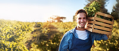 Buy stock photo Agriculture, portrait and mockup with a farm man carrying a basket during the harvest season for sustainability. Agricultural, nature and mock up with a male farmer working outdoor in the countryside