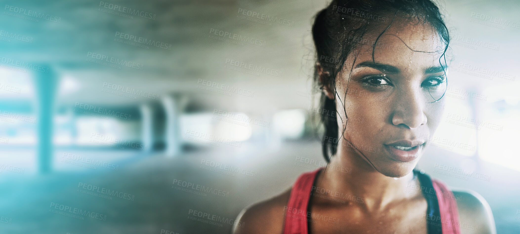 Buy stock photo Fitness, woman in portrait with face and mockup space, exercise and runner outdoor with wellness and energy. Intense, sweat and cardio with run, body workout and sports motivation in parking lot