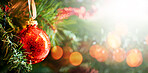 Christmas, tree and decoration in the festive season for joy, celebration or december holiday in winter. 