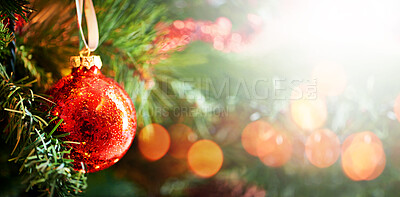 Buy stock photo Christmas, tree and decoration in the festive season for joy, celebration or december holiday in winter. 