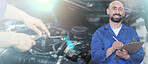 Banner, engine and portrait of a mechanic with notes for auto service, car building and maintenance. Happy, smile and engineer writing paperwork for transportation repairs at a garage workshop