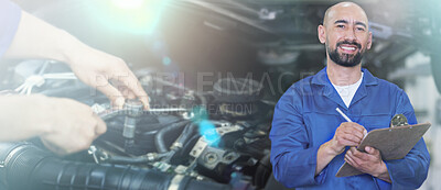 Buy stock photo Banner, engine and portrait of a mechanic with notes for auto service, car building and maintenance. Happy, smile and engineer writing paperwork for transportation repairs at a garage workshop