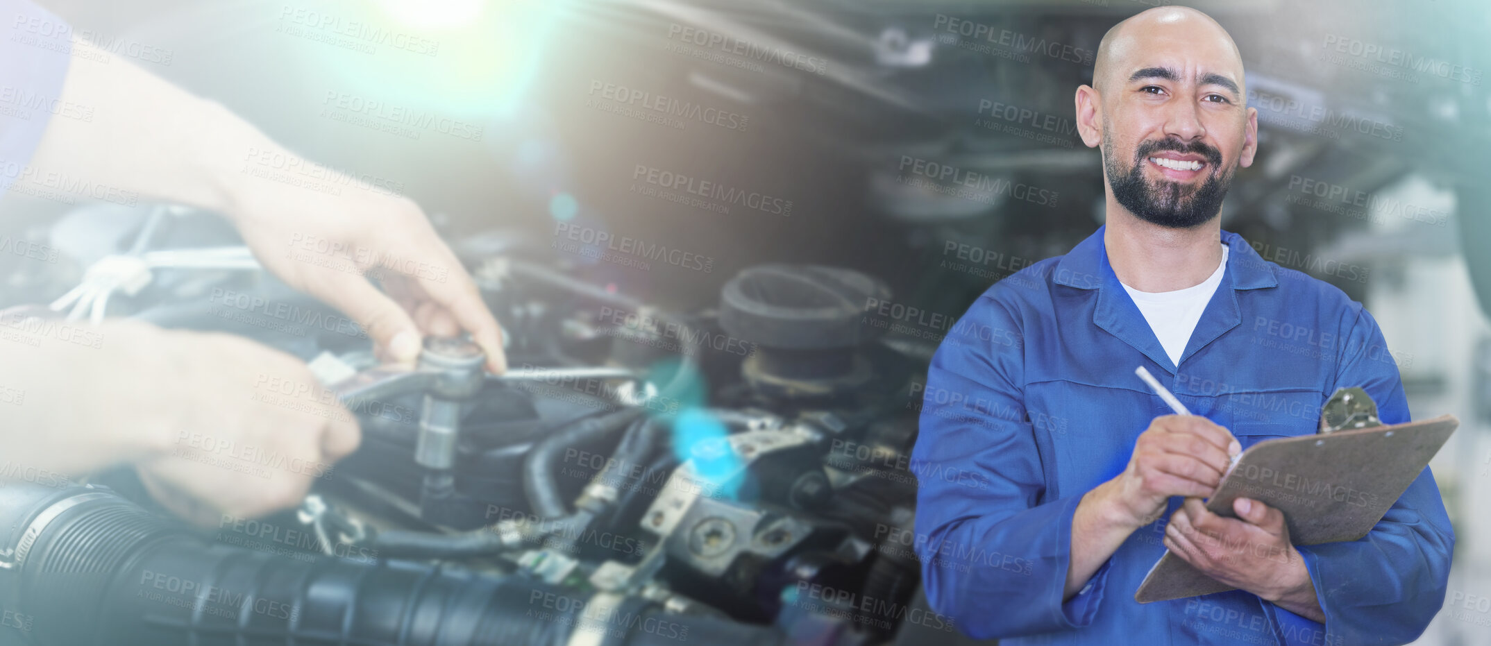 Buy stock photo Banner, engine and portrait of a mechanic with notes for auto service, car building and maintenance. Happy, smile and engineer writing paperwork for transportation repairs at a garage workshop