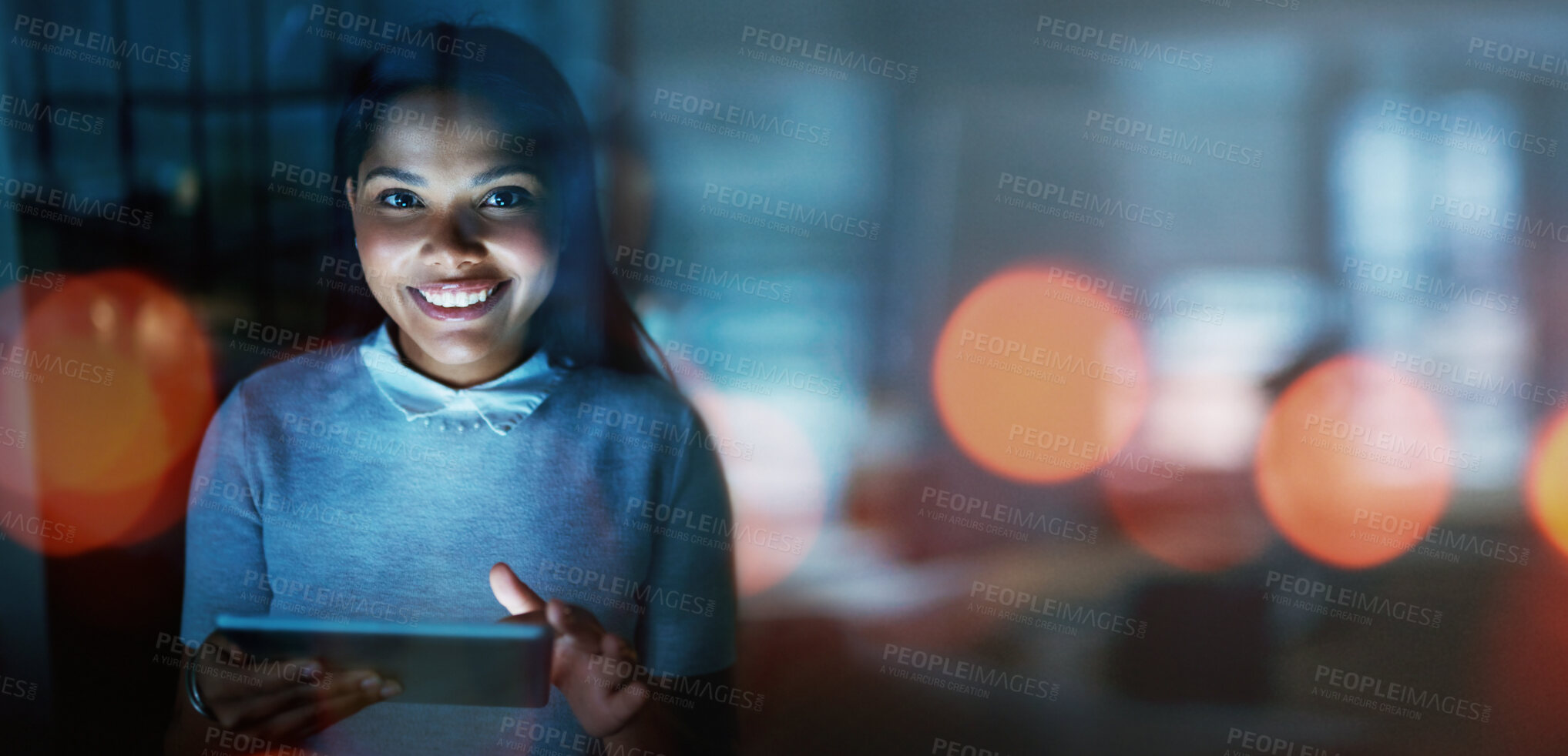 Buy stock photo Woman, tablet and night in office for portrait with analytics, research and development of vision. Happy developer, mobile touchscreen tech and data analysis for web design with mockup, focus or goal