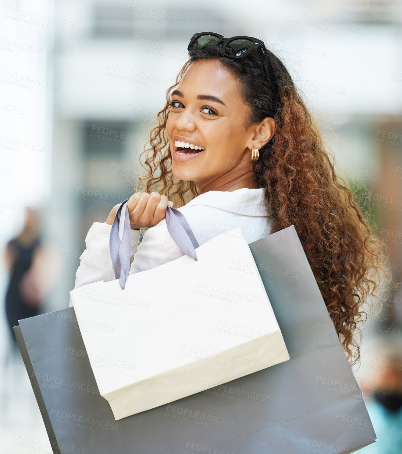 Buy stock photo Shopping mall, happy customer and woman portrait with paper bag for a sale, promotion or discount. Person with a smile for designer fashion or retail brand while walking with luxury mockup logo brand