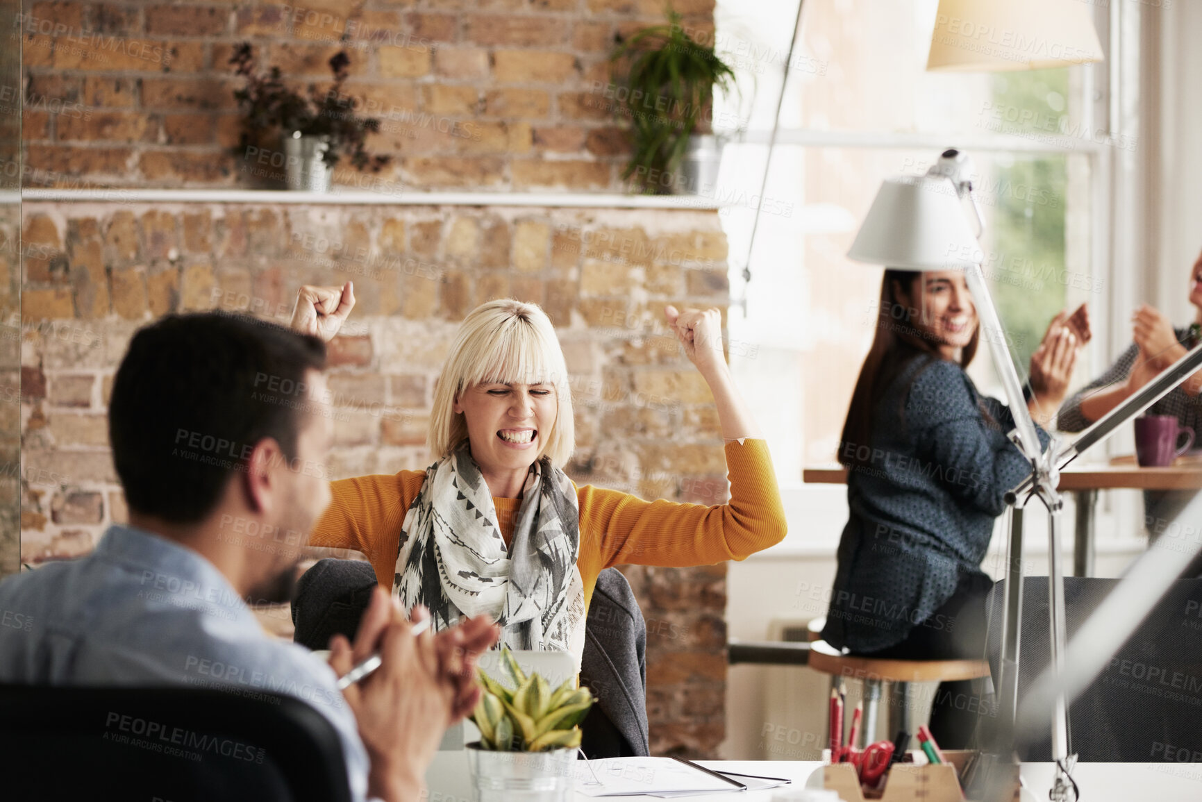 Buy stock photo Wow, success and woman in happy celebration at work after sales, goals or reaching target in an office. Job promotion, winner or excited employee with arms in the air to celebrate winning a deal 