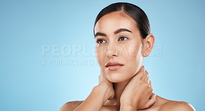 Buy stock photo Beauty woman isolated on studio background for skincare, cosmetics or makeup with mockup space. Thinking, idea and inspiration of model or person aesthetic, dermatology or facial glow on blue mock up