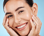 Woman, skincare and beauty in closeup studio portrait with smile, happy or excited for cosmetic wellness. Model, natural skin glow or happiness for cosmetics, wellness or aesthetic by blue background