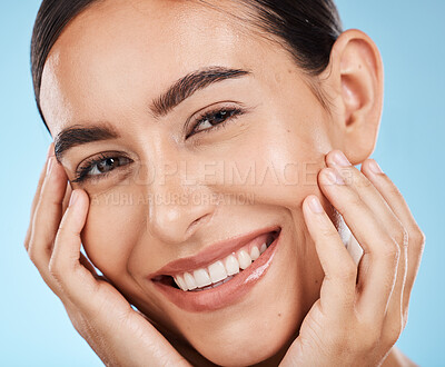 Buy stock photo Woman, skincare and beauty in closeup studio portrait with smile, happy or excited for cosmetic wellness. Model, natural skin glow or happiness for cosmetics, wellness or aesthetic by blue background