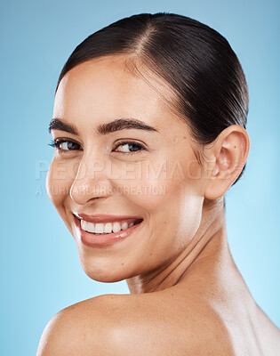 Buy stock photo Face, back skincare and beauty of woman in studio isolated on a blue background. Portrait, makeup and cosmetics of female model with healthy, glowing and flawless skin after spa facial treatment.