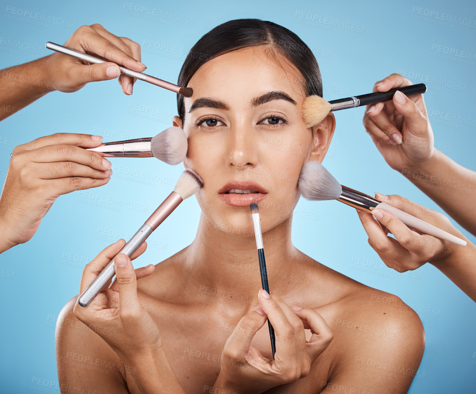 Buy stock photo Portrait, woman and brushes for makeup, skincare and dermatology with lady on blue studio background. Face, female and girl with cosmetics tools, natural beauty and foundation for glow and soft skin