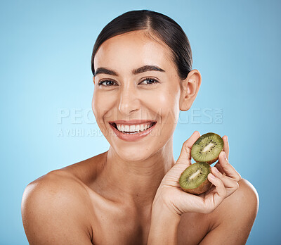 Buy stock photo Kiwi, beauty and portrait of woman isolated on studio background for natural skincare, cosmetics or facial glow. Vegan fruits, product mockup and happy model, person face for dermatology or vitamin c
