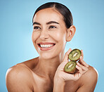 Kiwi, beauty and woman isolated on studio background for natural skincare, cosmetics and facial product on mockup. Healthy, organic and happy model or person fruits for face or dermatology vitamin c