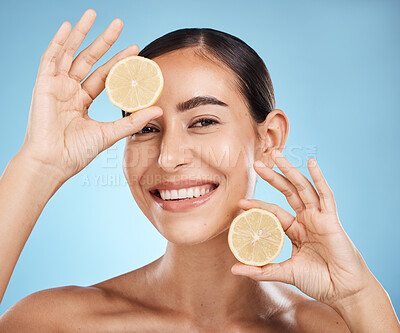 Buy stock photo Beauty, skin care and lemon woman portrait with beauty face dermatology, natural cosmetic and wellness. Aesthetic model person for vitamin c facial glow, nutrition diet and detox on blue background