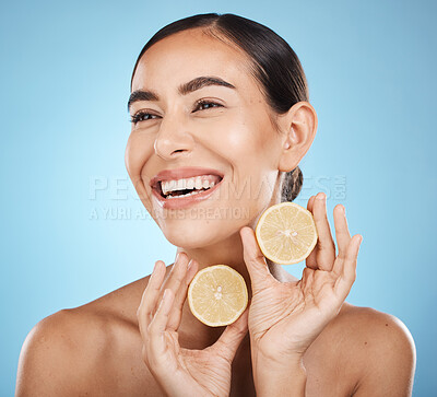 Buy stock photo Skin care, lemon and woman happy about beauty cosmetics, dermatology and wellness. Aesthetic model for natural vitamin c facial glow, nutrition diet and healthy smile or face detox on blue background