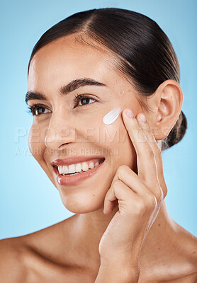 Buy stock photo Beauty, face and skincare for a woman with hand for dermatology, cosmetics and natural glow. Aesthetic model person happy about spa facial self care results for health and wellness on blue background