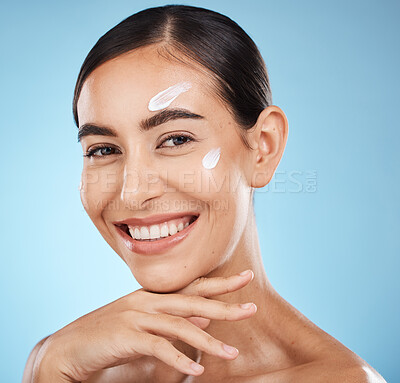 Buy stock photo Skincare portrait, face cream and woman in studio isolated on a blue background. Cosmetics, dermatology and happy female model with lotion, creme or moisturizer for beauty, aesthetics and wellness.