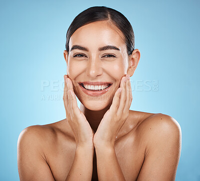Buy stock photo Portrait, face and beauty skincare of woman in studio isolated on a blue background. Aesthetics, makeup or cosmetics of female model with healthy, glowing and flawless skin after spa facial treatment
