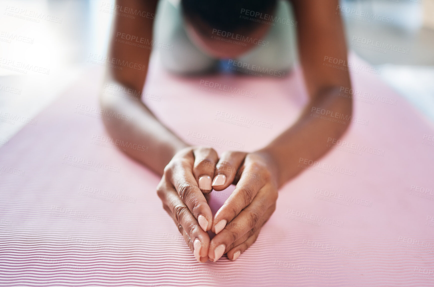 Buy stock photo Yoga, stretching and woman hands on floor for fitness, zen and pilates training in home or living room background. Meditation, healing and calm person with peace, wellness exercise and mindfulness