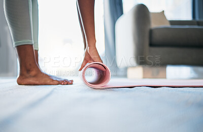 Buy stock photo Fitness, yoga and woman rolling mat for meditation, balance and workout for wellness, health and exercise. Female, lady and start pilates training, practice or stretching for peace or relax in lounge