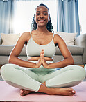 Yoga, namaste woman and zen portrait in living room for fitness, exercise and mindfulness, healing or peace. Meditate, spiritual and black person praying or prayer hands for happy, self care wellness