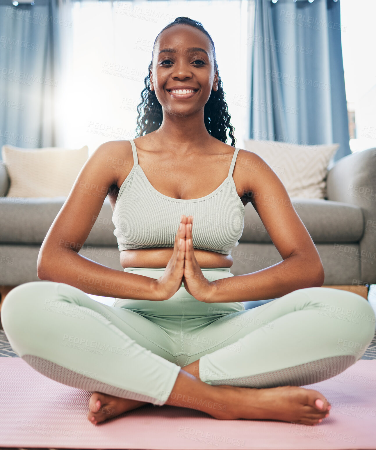 Buy stock photo Yoga, namaste woman and zen portrait in living room for fitness, exercise and mindfulness, healing or peace. Meditate, spiritual and black person praying or prayer hands for happy, self care wellness