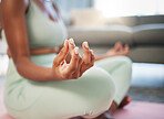 Yoga, meditation and zen hands of black woman in living room fitness, exercise and mindfulness, healing and peace. Meditate, spiritual and calm person in lotus pose at her home for self care wellness