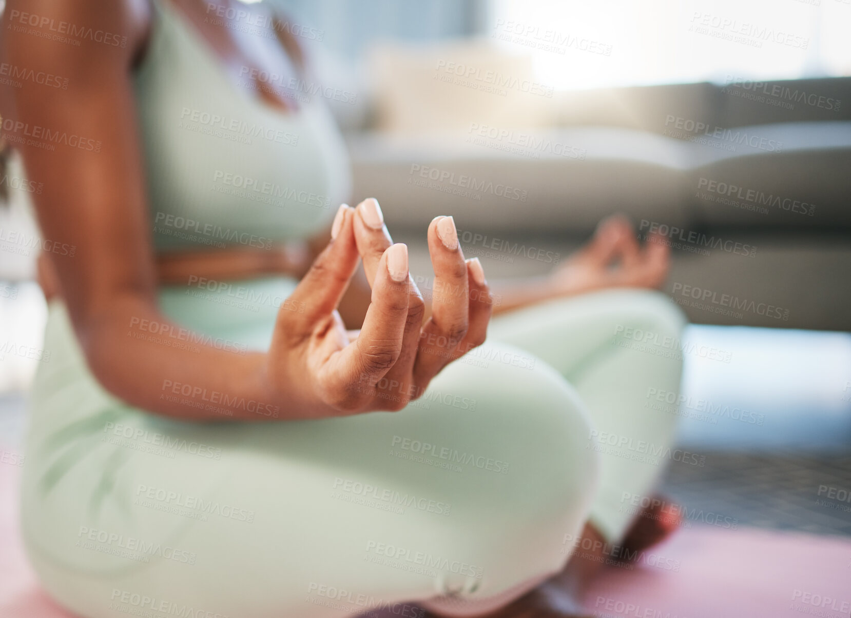 Buy stock photo Yoga, meditation and zen hands of black woman in living room fitness, exercise and mindfulness, healing and peace. Meditate, spiritual and calm person in lotus pose at her home for self care wellness