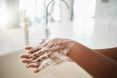 Buy stock photo Woman, hands and cleaning with soap, water and tap at home for hygiene. Closeup, hand skincare and bacteria risk in bathroom, house and safety for healthy lifestyle, wellness and self care at sink 