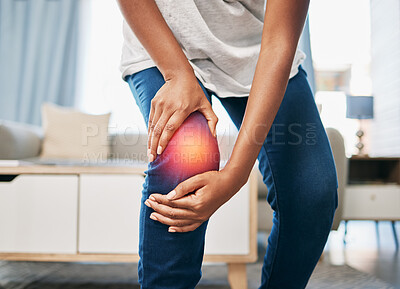 Buy stock photo Knee pain, injury and black woman, health and emergency, medical problem, accident at home and red overlay. Orthopedic healthcare, inflammation and muscle tension, stress on joint and hands hold leg