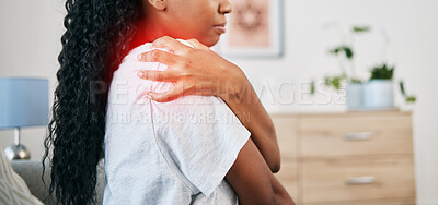 Shoulder pain, injury and black woman, health and emergency, medical problem with accident and red overlay. Orthopedic healthcare, inflammation and muscle tension, stress on joint and injured person