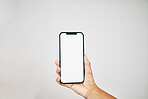 Mockup screen, black woman or hand with phone for communication, marketing advertising or networking with white background. Digital, space or girl on smartphone for social media, website or internet