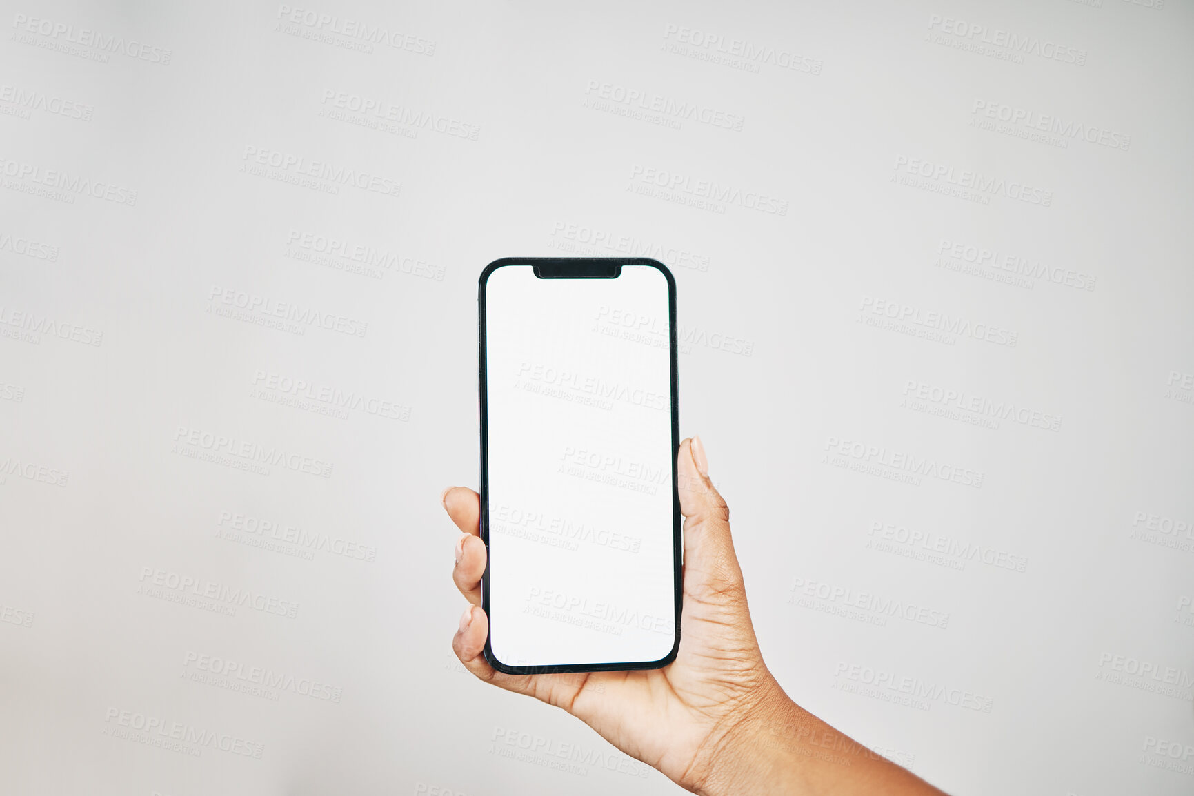 Buy stock photo Mockup screen, black woman or hand with phone for communication, marketing advertising or networking with white background. Digital, space or girl on smartphone for social media, website or internet