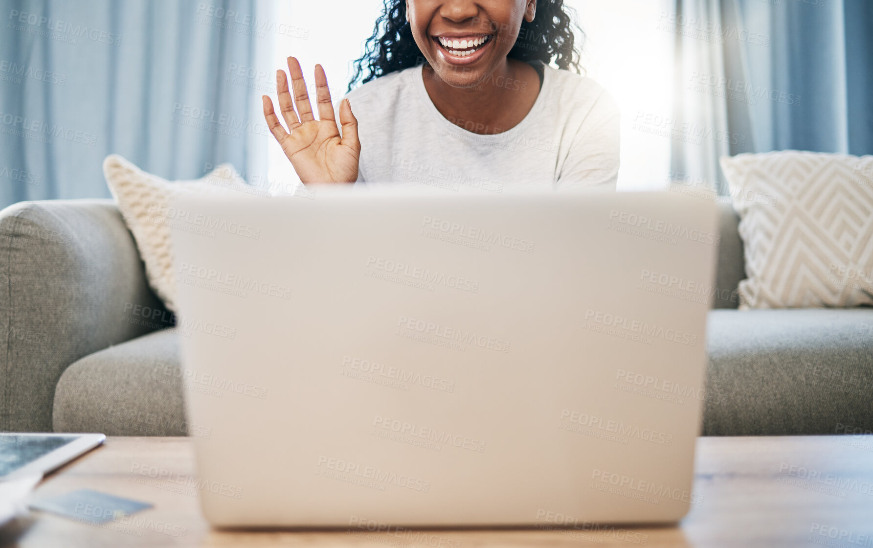 Buy stock photo Wave, education or black woman on laptop video call, webinar or online for college, school or communication in home. University, internet or girl on tech networking, virtual assistance or training