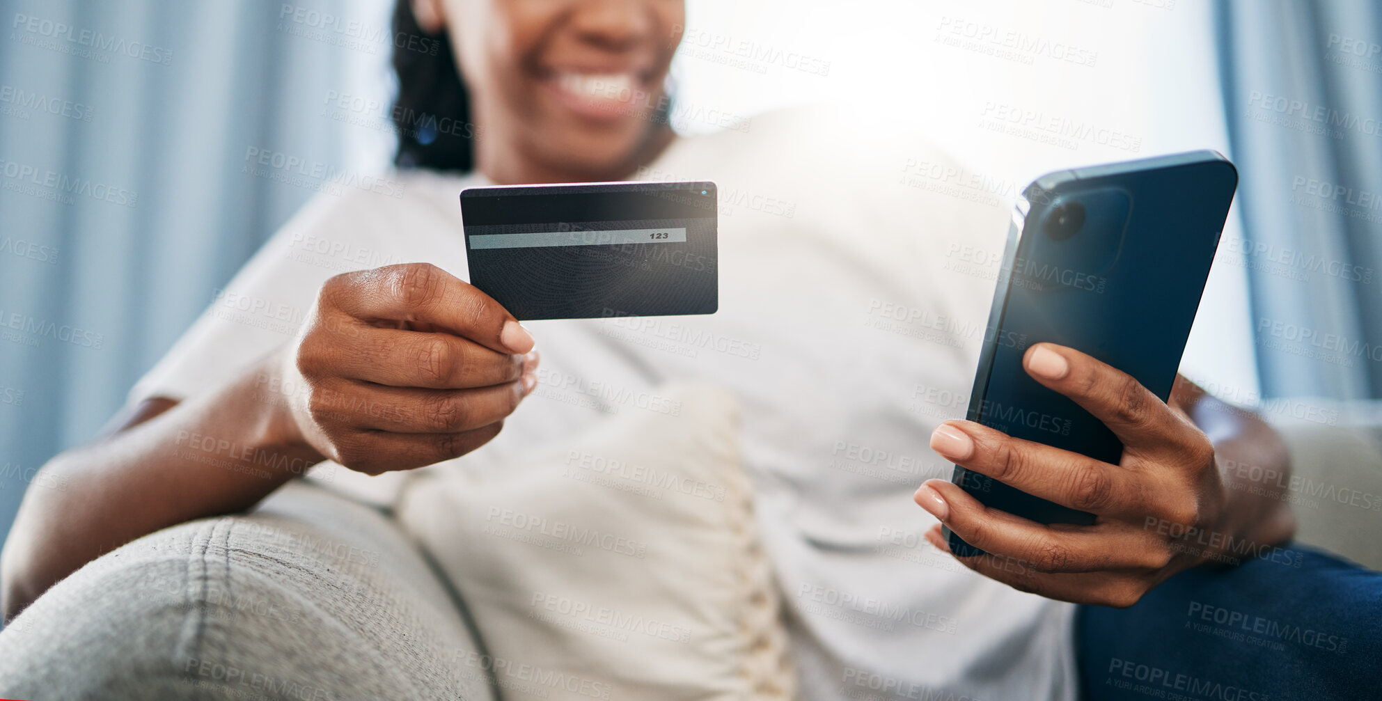 Buy stock photo Phone, online shopping or black woman with credit card for  payment, internet purchase or ecommerce in living room. Fintech, happy or girl on smartphone for trading, banking or invest on home sofa

