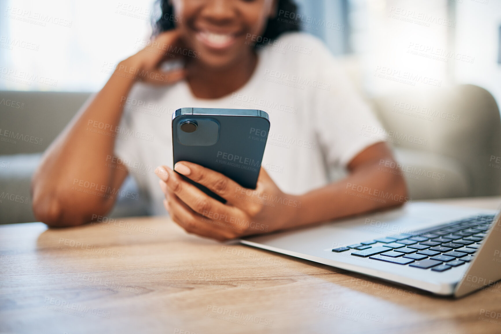 Buy stock photo Relax, hand or black woman. student with phone for internet research, search or networking for university project. Education or girl on smartphone for communication, social media or reading blog