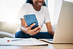 Student, phone black woman hands on laptop for internet research, search or networking for university project. Education, hand or girl with smartphone for communication, social media or reading blog