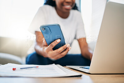 Buy stock photo Student, phone black woman hands on laptop for internet research, search or networking for university project. Education, hand or girl with smartphone for communication, social media or reading blog