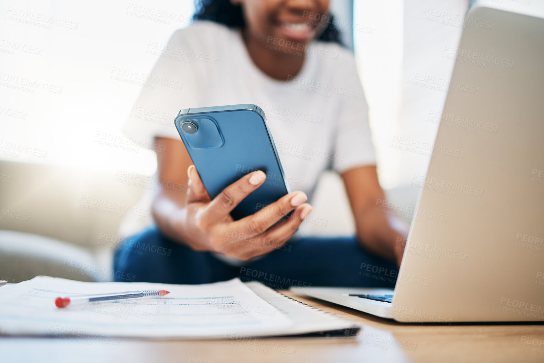 Buy stock photo Student, phone black woman hands on laptop for internet research, search or networking for university project. Education, hand or girl with smartphone for communication, social media or reading blog