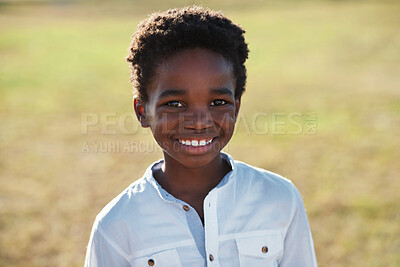 Buy stock photo Child is happy in portrait, smile in park with adventure and travel, outdoor with family day in nature mockup. Happiness in childhood, African American kid on field for fun and wellness with freedom
