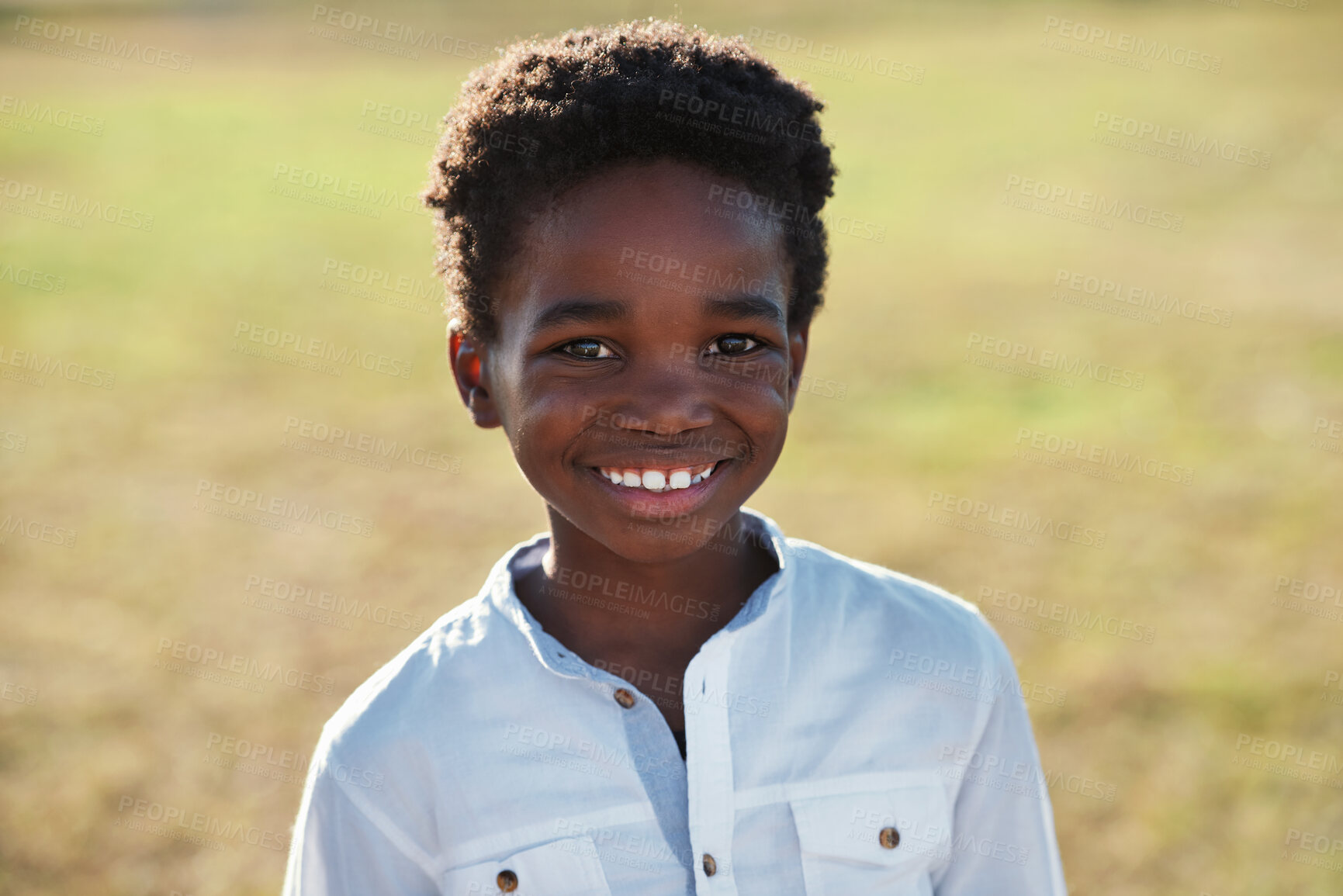 Buy stock photo Child is happy in portrait, smile in park with adventure and travel, outdoor with family day in nature mockup. Happiness in childhood, African American kid on field for fun and wellness with freedom