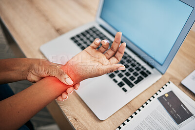 Buy stock photo Pain, working and wrist of black woman with laptop and injury, joint inflammation and arthritis from typing. Health, medical care and girl holding hand with muscles strain, stress and carpal tunnel