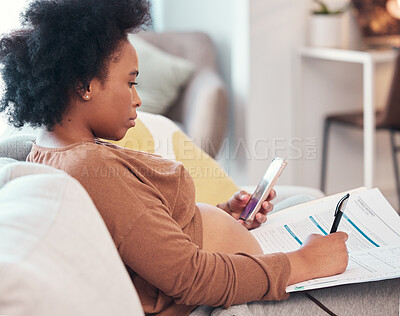 Buy stock photo Home, pregnant woman and paper for online application, healthcare, life insurance and smartphone for information. Pregnancy mother on phone and writing on clinic form, documents or paperwork on sofa