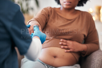 Buy stock photo Pregnant woman, pulse device on finger and doctor checkup for blood oxygen level measurement. Medical professional testing bp in clinic, healthcare for pregnancy or nurse consulting african mother