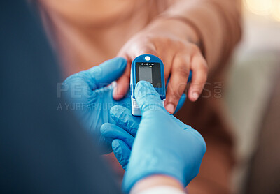 Buy stock photo Closeup of hand, pulse device on finger and doctor checkup for blood oxygen level measurement. Medical professional testing in clinic, healthcare with digital meter or nurse consulting african woman