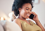 Communication, phone call and black woman in home, talking or chatting to contact. Technology, cellphone and face of happy female with mobile smartphone for networking, conversation or discussion.