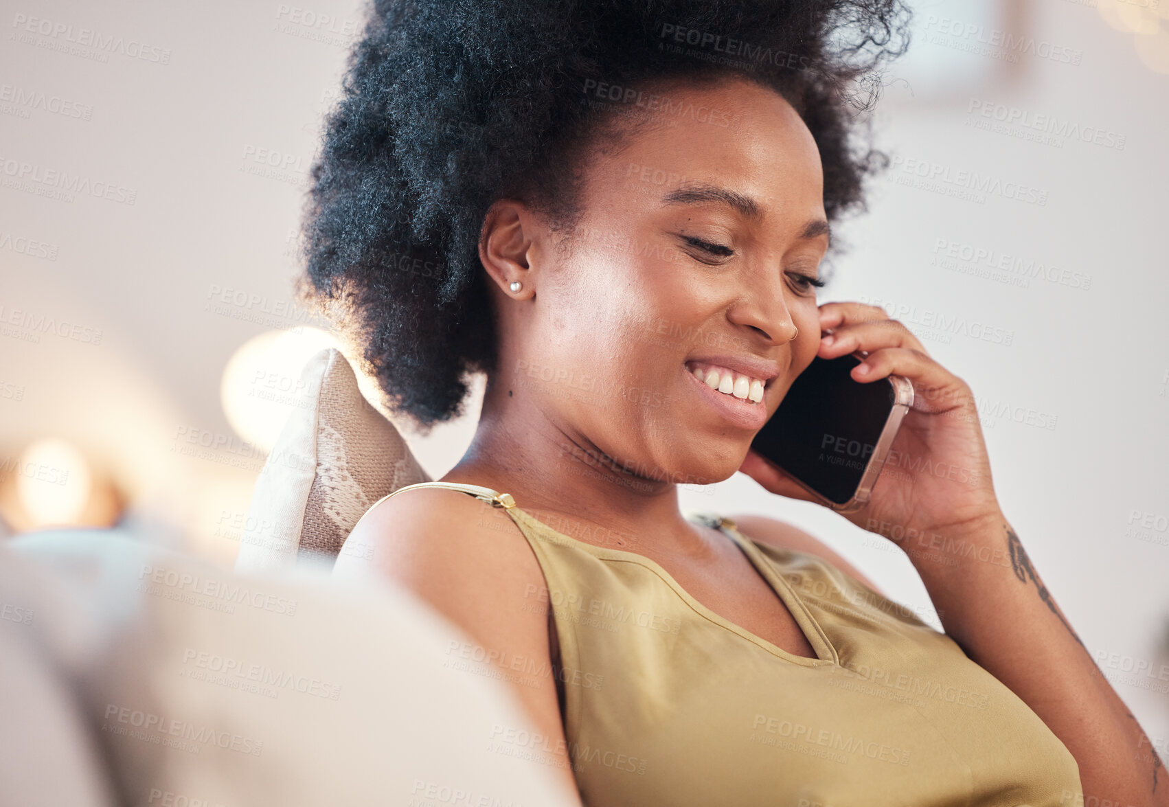 Buy stock photo Communication, phone call and black woman in home, talking or chatting to contact. Technology, cellphone and face of happy female with mobile smartphone for networking, conversation or discussion.