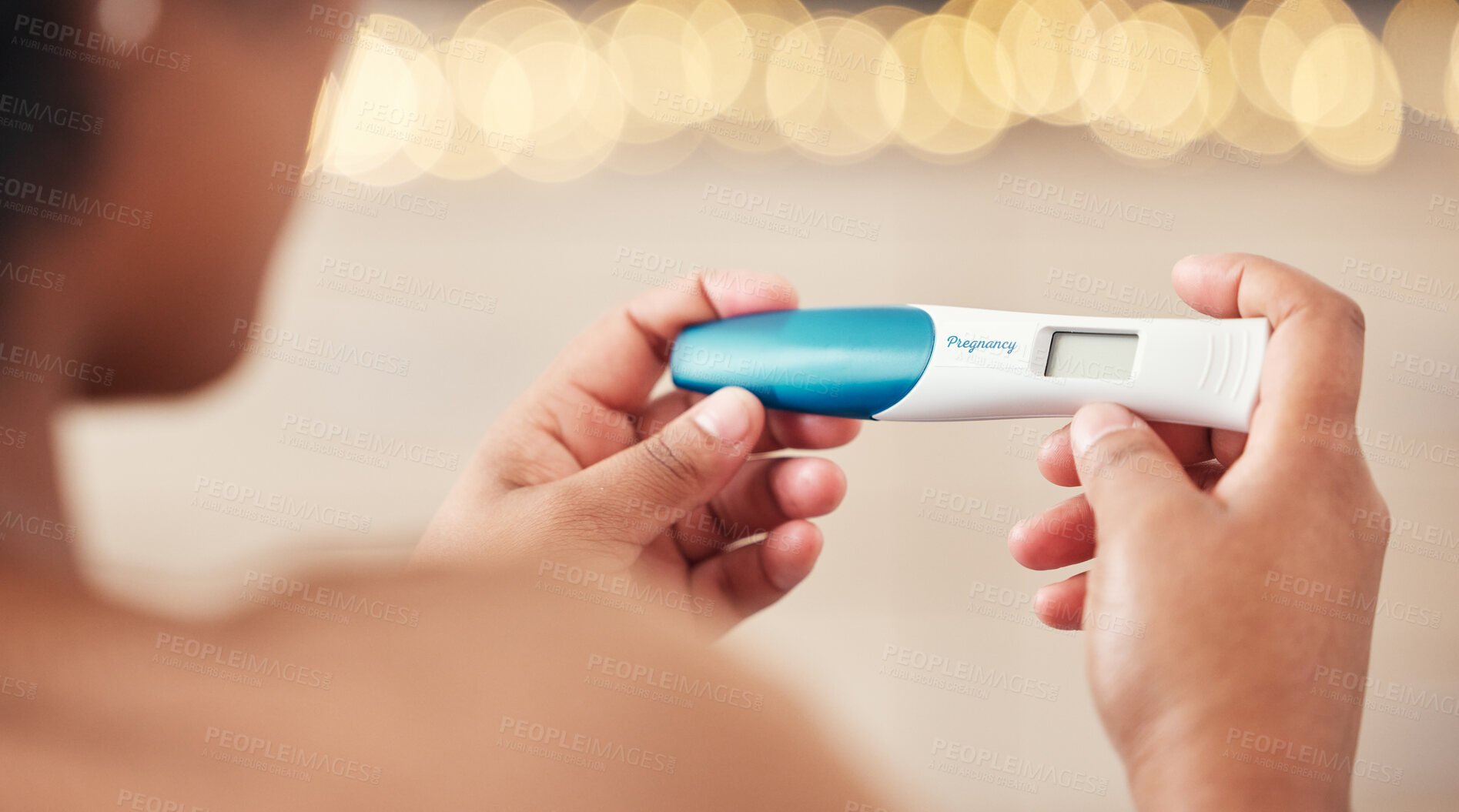 Buy stock photo Pregnancy test, woman and hands check results of medical information at home. Closeup, fertility stick or family planning for maternity wellness, pregnant hormone or ivf healthcare treatment for baby