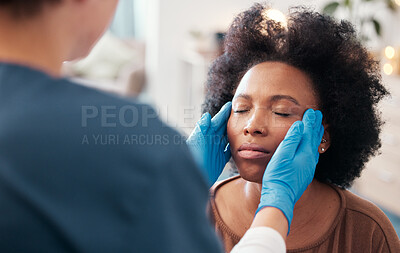 Buy stock photo Healthcare, facial consultation and doctor with patient consulting for plastic surgery. Medical, cosmetology and black woman with a surgeon for a cosmetic treatment in a hospital or medicare clinic.